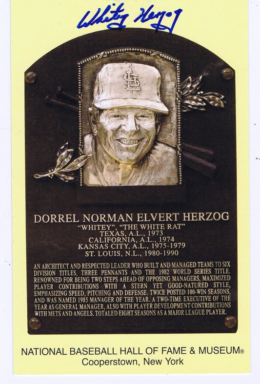 Whitey Herzog Signed Hall Of Fame Yellow Postcard Plaque HOF Manager Auto COA