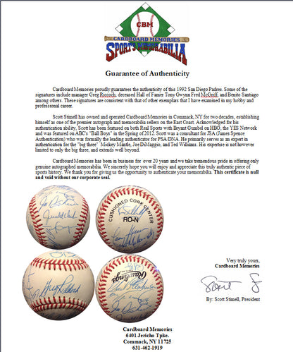 1992 San Diego Padres Team Signed NL Baseball 26 Autos Gwynn McGriff COA