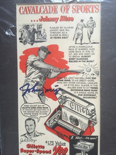 Johnny Mize Gillette Razor Magazine Original Ad Signed Mint Auto Matted Cbm Coa