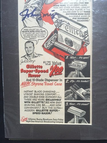 Johnny Mize Gillette Razor Magazine Original Ad Signed Mint Auto Matted Cbm Coa