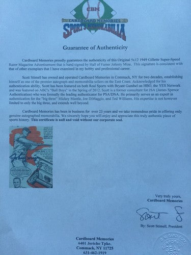 Johnny Mize Gillette Razor Magazine Original Ad Signed Mint Auto Matted Cbm Coa