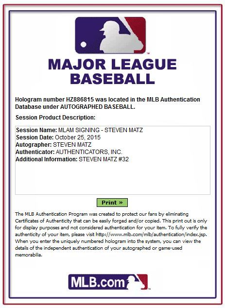 Steven Matz Cardinals Signed Official Mlb Baseball ROOKIE AUTO MLB Auth HOLO COA