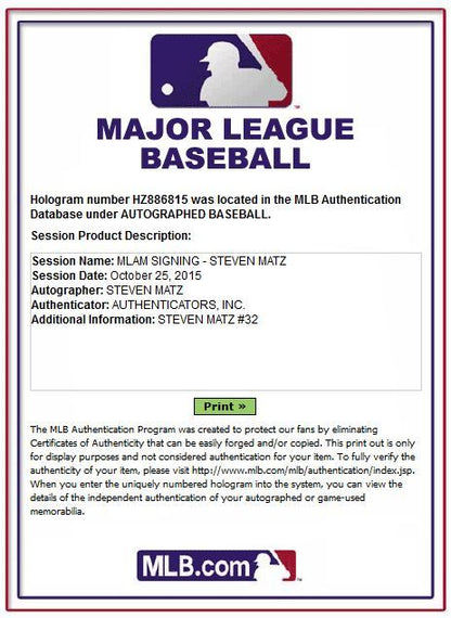 Steven Matz Cardinals Signed Official Mlb Baseball ROOKIE AUTO MLB Auth HOLO COA