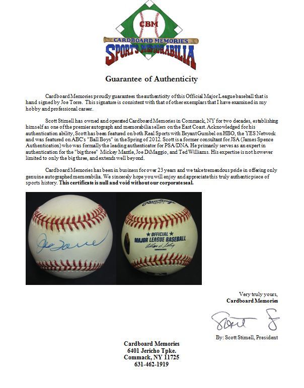 Joe Torre  signed official MLB baseball Yankees autograph HOF CBM COA