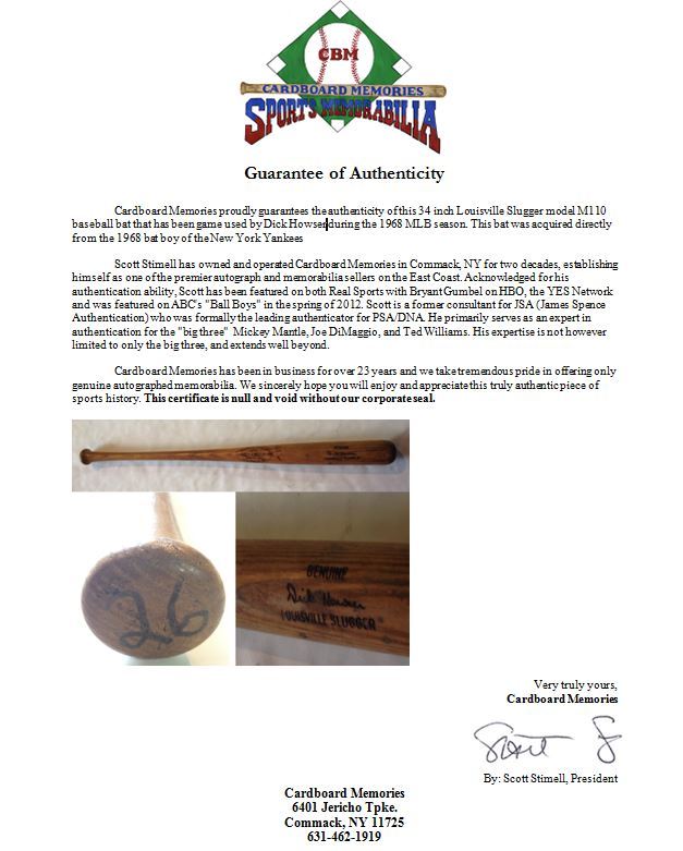 Dick Howser Yankees Athletics Royals game used 34”baseball Loisville bat LS COA