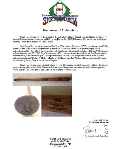 Dick Howser Yankees Athletics Royals game used 34”baseball Loisville bat LS COA