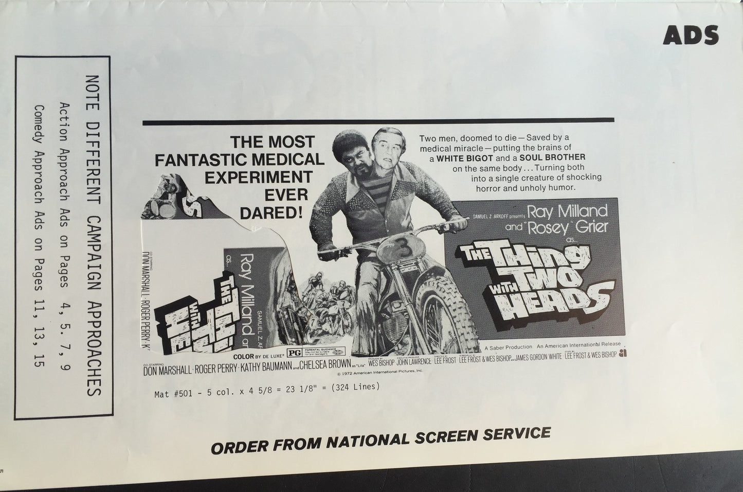 VINTAGE Rosey Grier "THE THING WITH TWO HEADS" Original 1972 Theater Pressbook