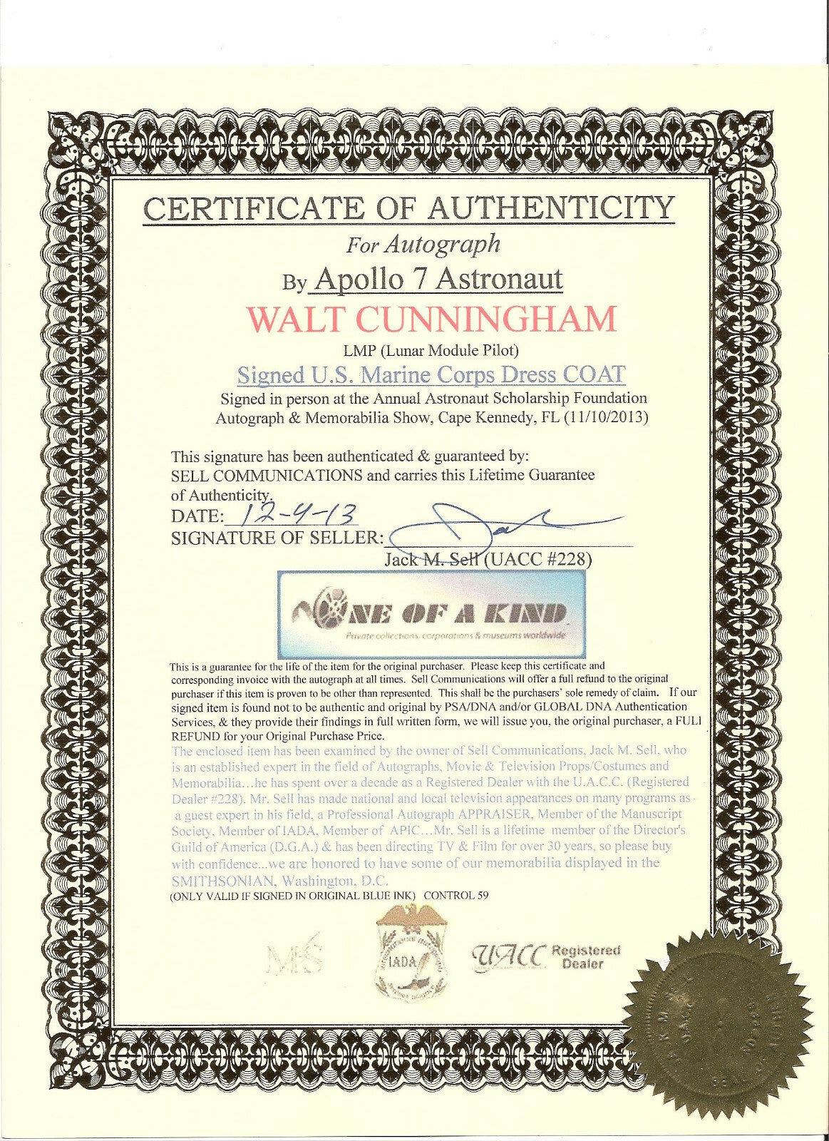Walt Cunningham Astronaut signed US Marine Corps coat Apollo 7 autograph JSA LOA
