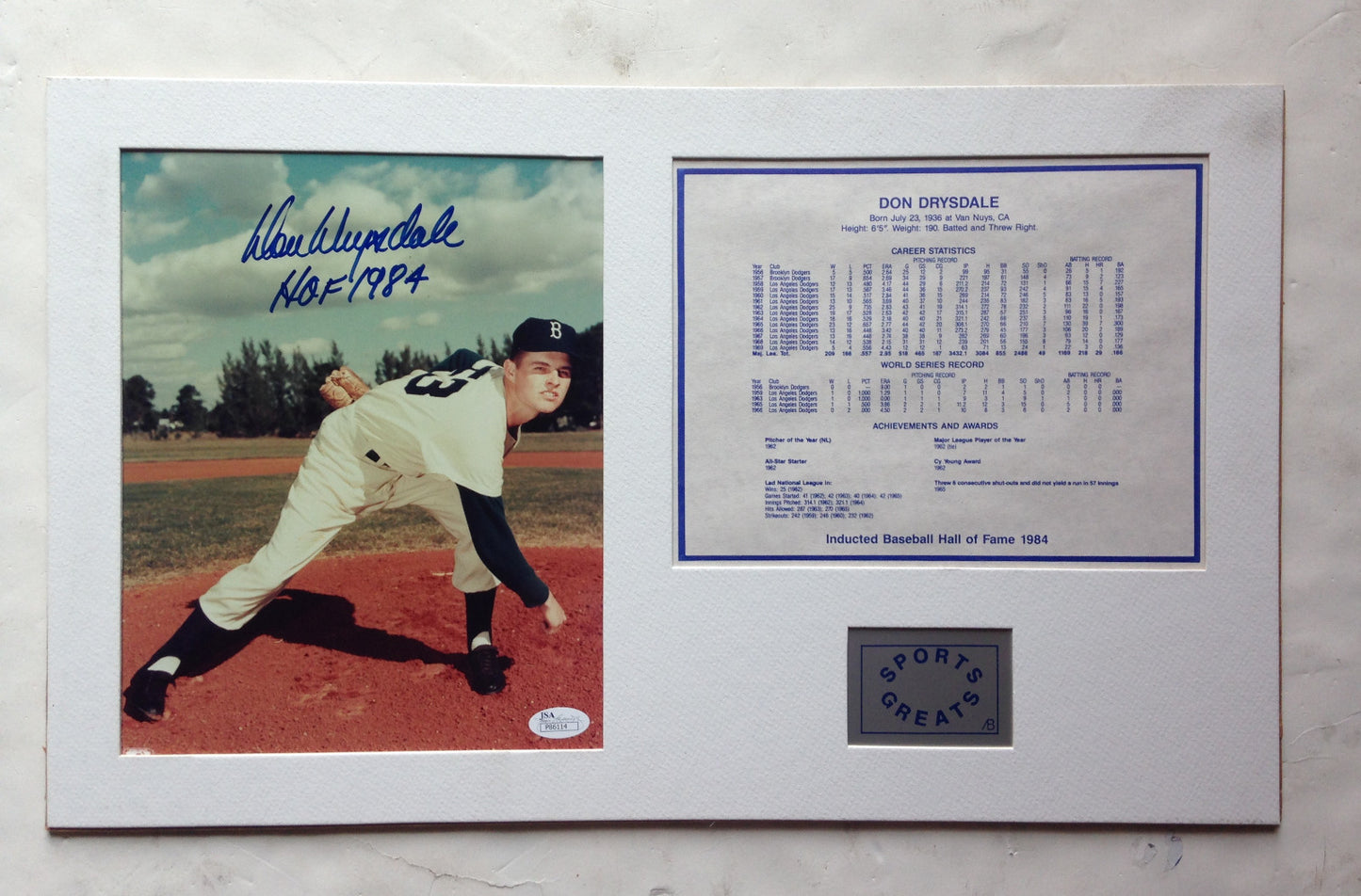 Don Drysdale Signed 8X10 Stat PHOTO Matted Brooklyn Dodgers Hof 1984 Auto JSA