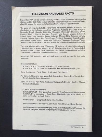 1991 Super Bowl Media Guide Program Tampa Ny Giants Champions Wide Right