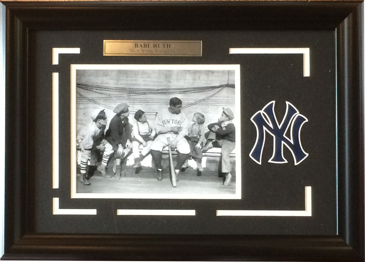 Babe Ruth with kids  New York Yankees logo 8x10 photo framed collage 22x16
