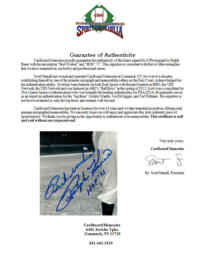 Ralph Kiner Signed 8x10 Photograph Ins HOF 75 Best Wishes Indians HOF Auto COA
