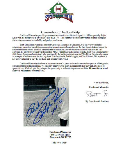 Ralph Kiner Signed 8x10 Photograph Ins HOF 75 Best Wishes Indians HOF Auto COA