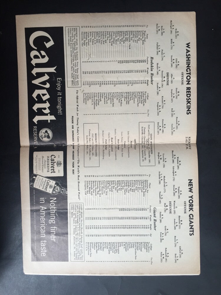 NY Giants 1956 FootBall Program Yankee Stadium Redskins Frank Gifford 3 Td
