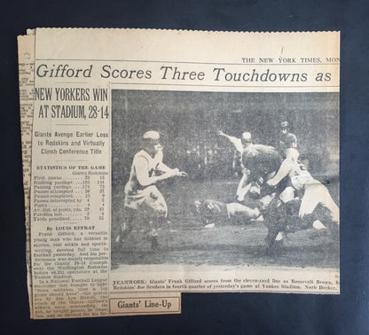 NY Giants 1956 FootBall Program Yankee Stadium Redskins Frank Gifford 3 Td
