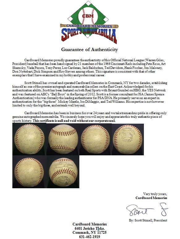 1966 Cincinnati Reds signed NL Baseball 21 auto Pete Rose Vada Pinson CBM COA