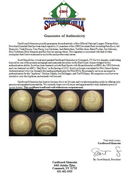 1966 Cincinnati Reds signed NL Baseball 21 auto Pete Rose Vada Pinson CBM COA