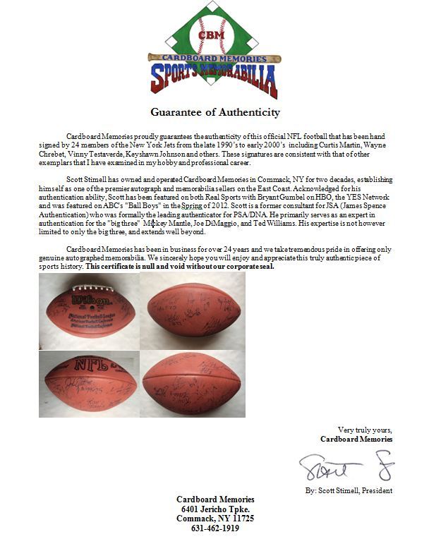 New York Jets signed official NFL football 24 auto Curtis Martin Chrebet CBM COA