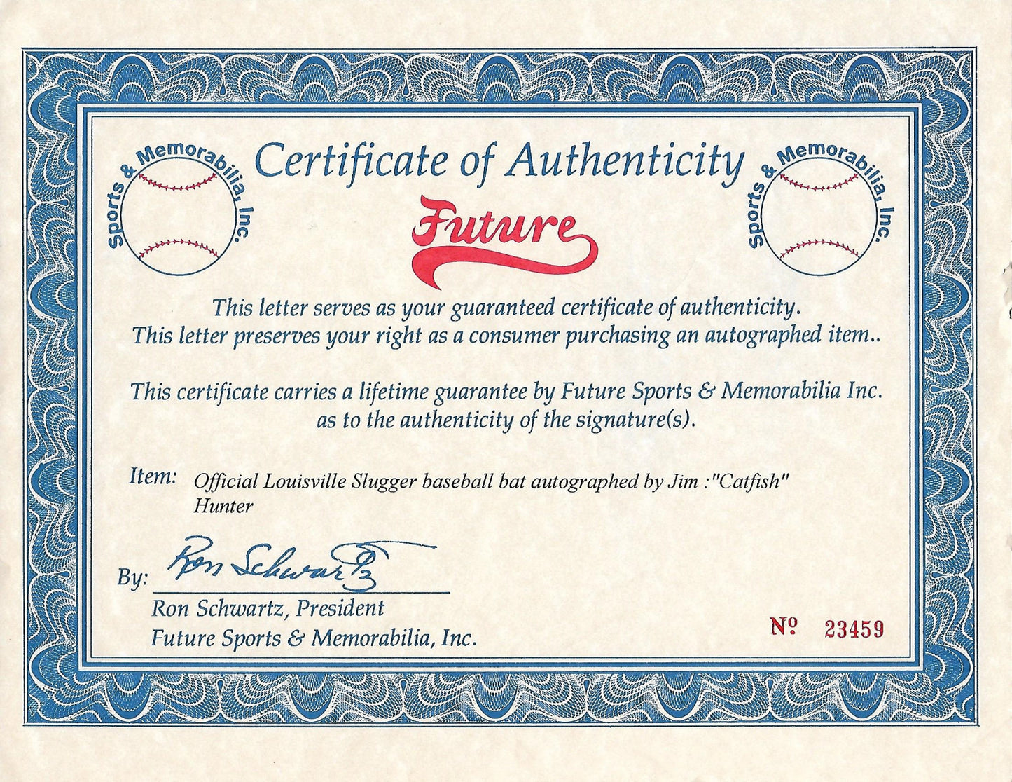 Jim Catfish Hunter signed Louisville Slugger baseball bat Hof auto CBM COA