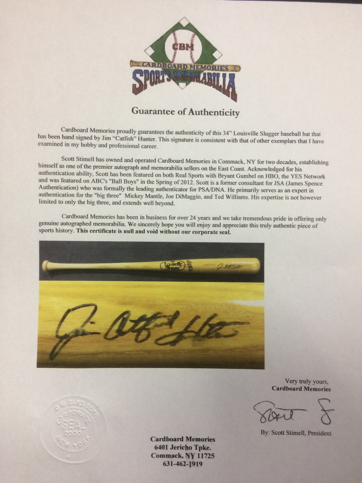 Jim Catfish Hunter signed Louisville Slugger baseball bat Hof auto CBM COA