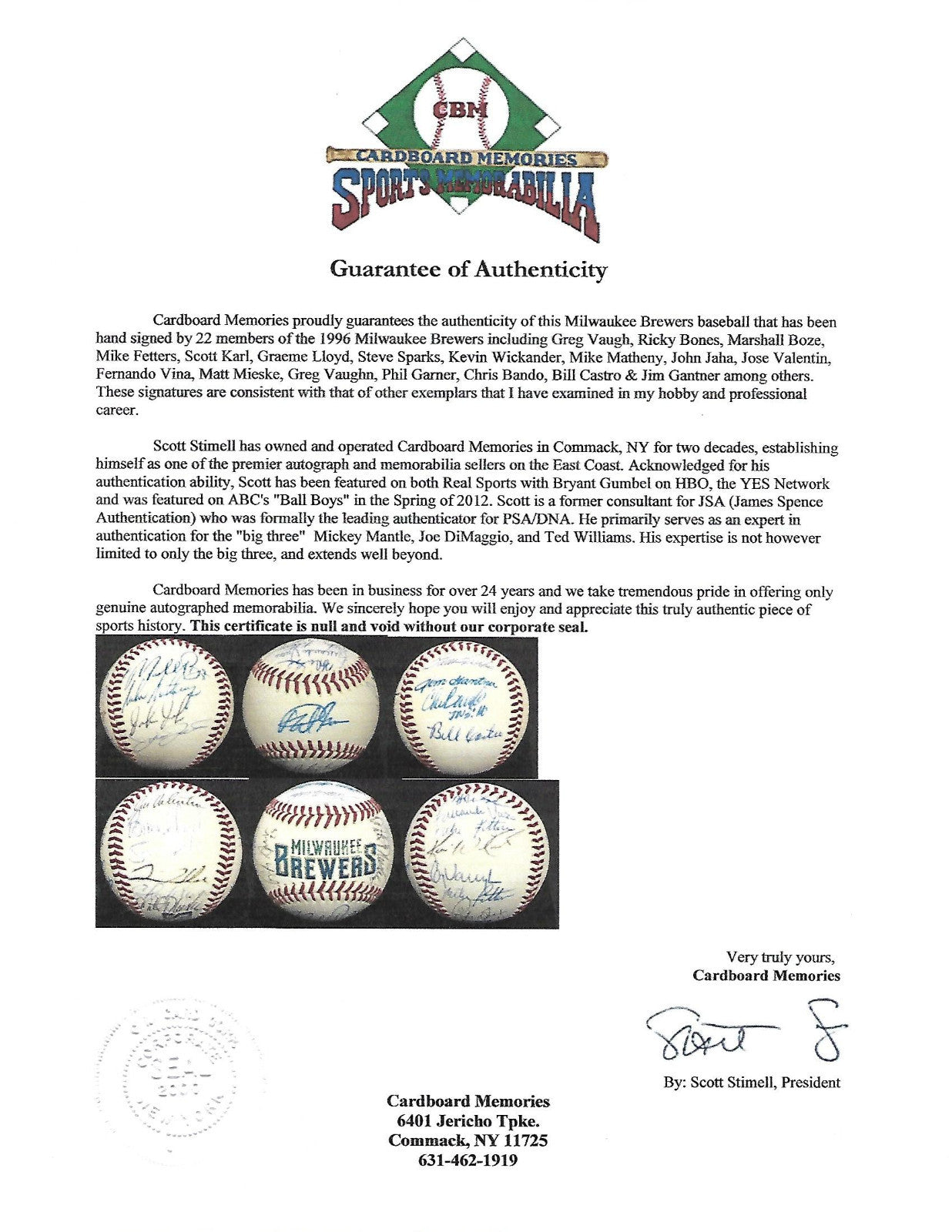 1996 Milwaukee Brewers team signed baseball 22 auto Greg Vaughn CBM COA
