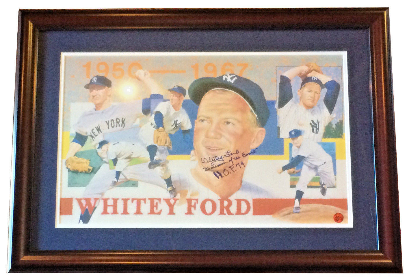 Whitey Ford Yankees signed 14x22 artwork framed auto ins HOF 74 + Chairman COA