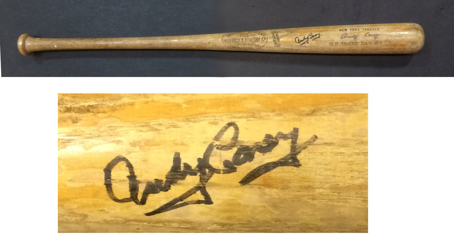 Andy Carey Signed 1973 Game used  Yankees Old Timers Day bat autograph CBM COA