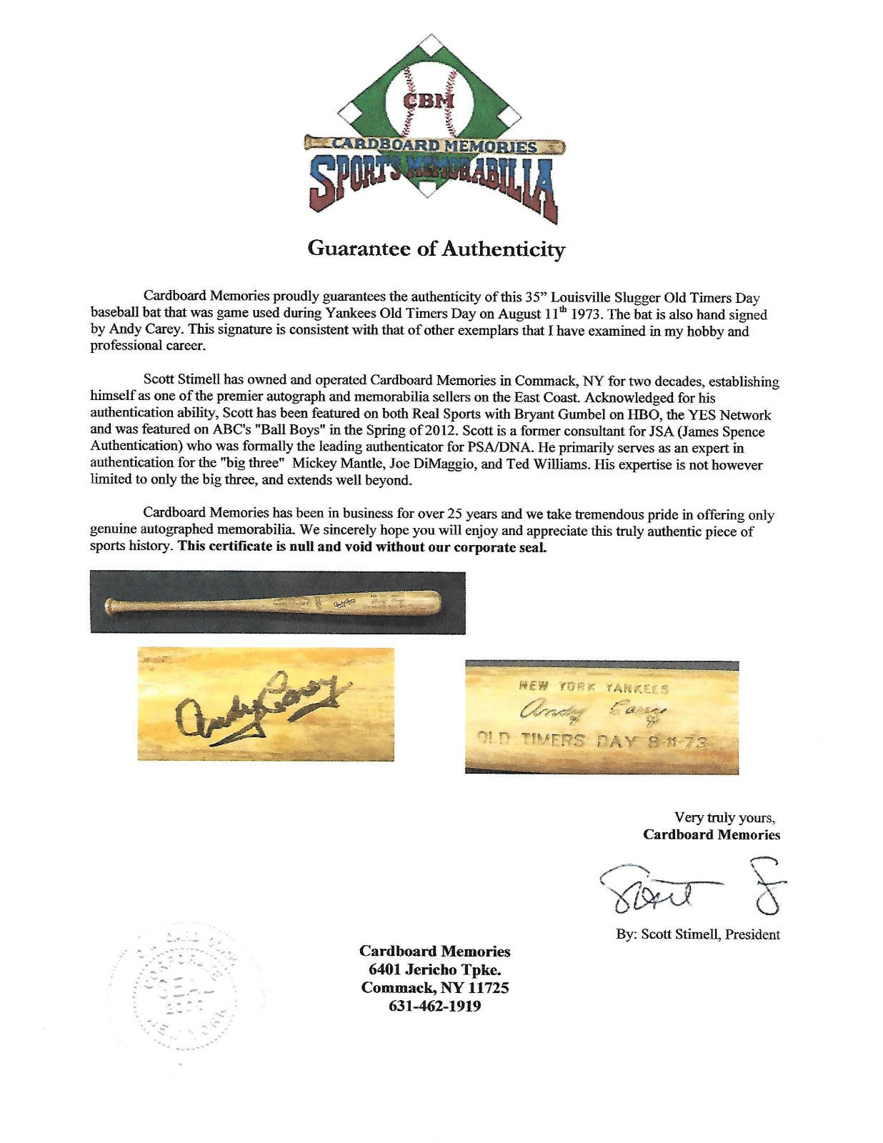 Andy Carey Signed 1973 Game used  Yankees Old Timers Day bat autograph CBM COA