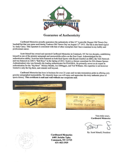 Andy Carey Signed 1973 Game used  Yankees Old Timers Day bat autograph CBM COA