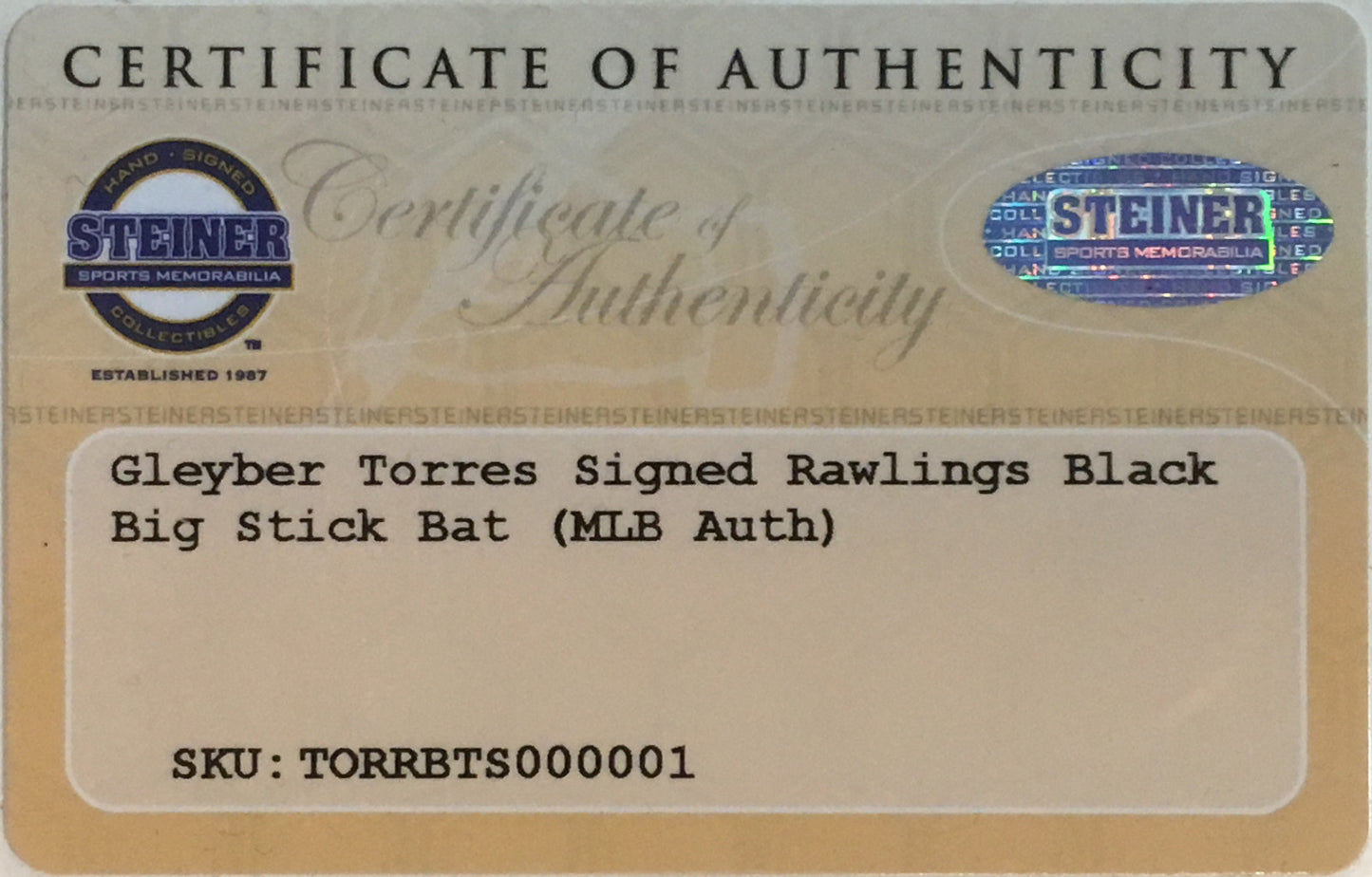 Gleyber Torres signed Rawlings Pro baseball bat Yankees rookie auto Steiner COA