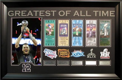 Tom Brady Patriots GOAT Trophy photo 5 ticket patch collage framed SB 51 MVP