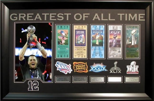 Tom Brady Patriots GOAT Trophy photo 5 ticket patch collage framed SB 51 MVP