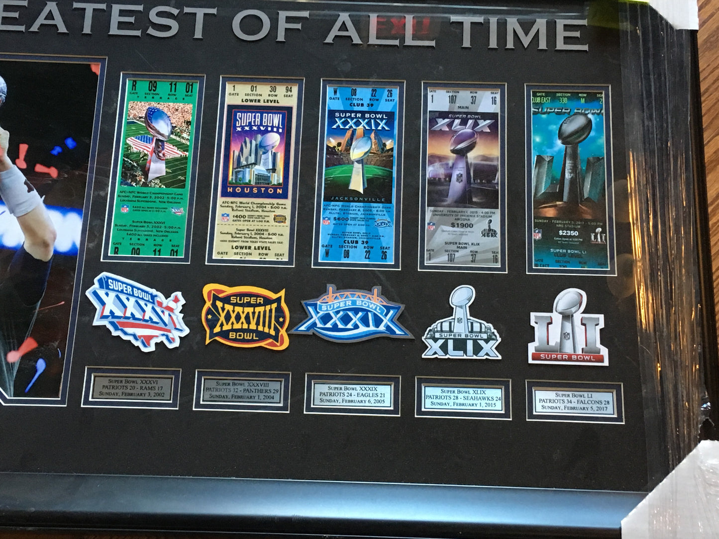 Tom Brady Patriots GOAT Trophy photo 5 ticket patch collage framed SB 51 MVP