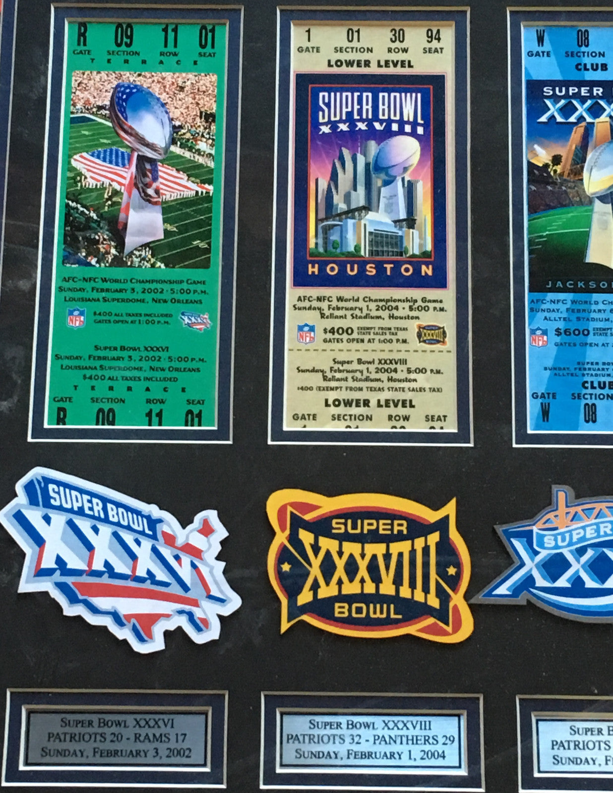 Tom Brady Patriots GOAT Trophy photo 5 ticket patch collage framed SB 51 MVP