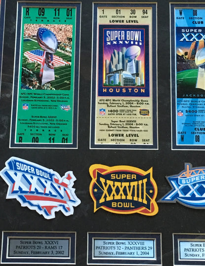 Tom Brady Patriots GOAT Trophy photo 5 ticket patch collage framed SB 51 MVP