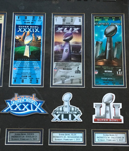 Tom Brady Patriots GOAT Trophy photo 5 ticket patch collage framed SB 51 MVP