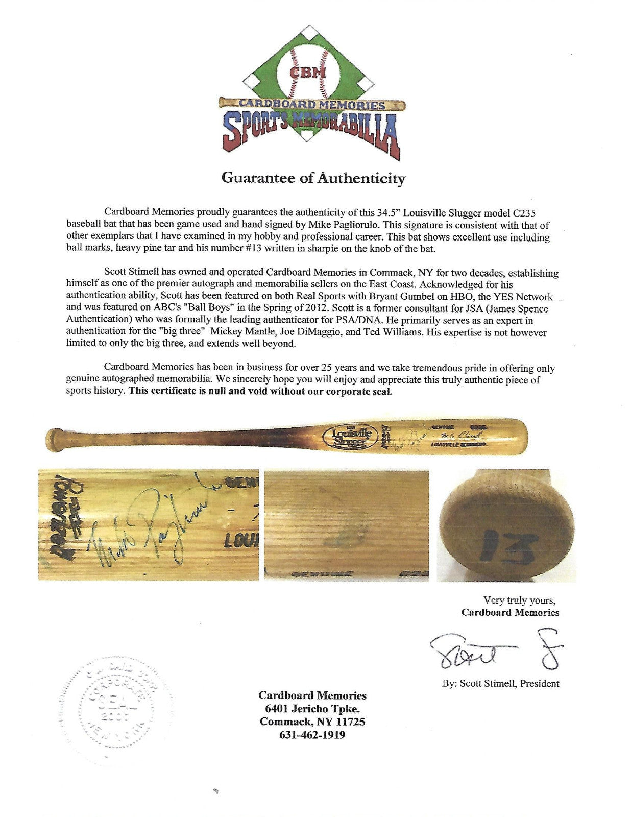 Mike Pagliarulo #13 Yankees signed game used C235 Louisville Slugger bat CBM COA