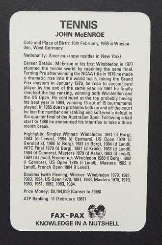 1986 FAX PAX Factory TENNIS SET 2 Lot Chris Evert John McEnroe Steffi Graf Rc