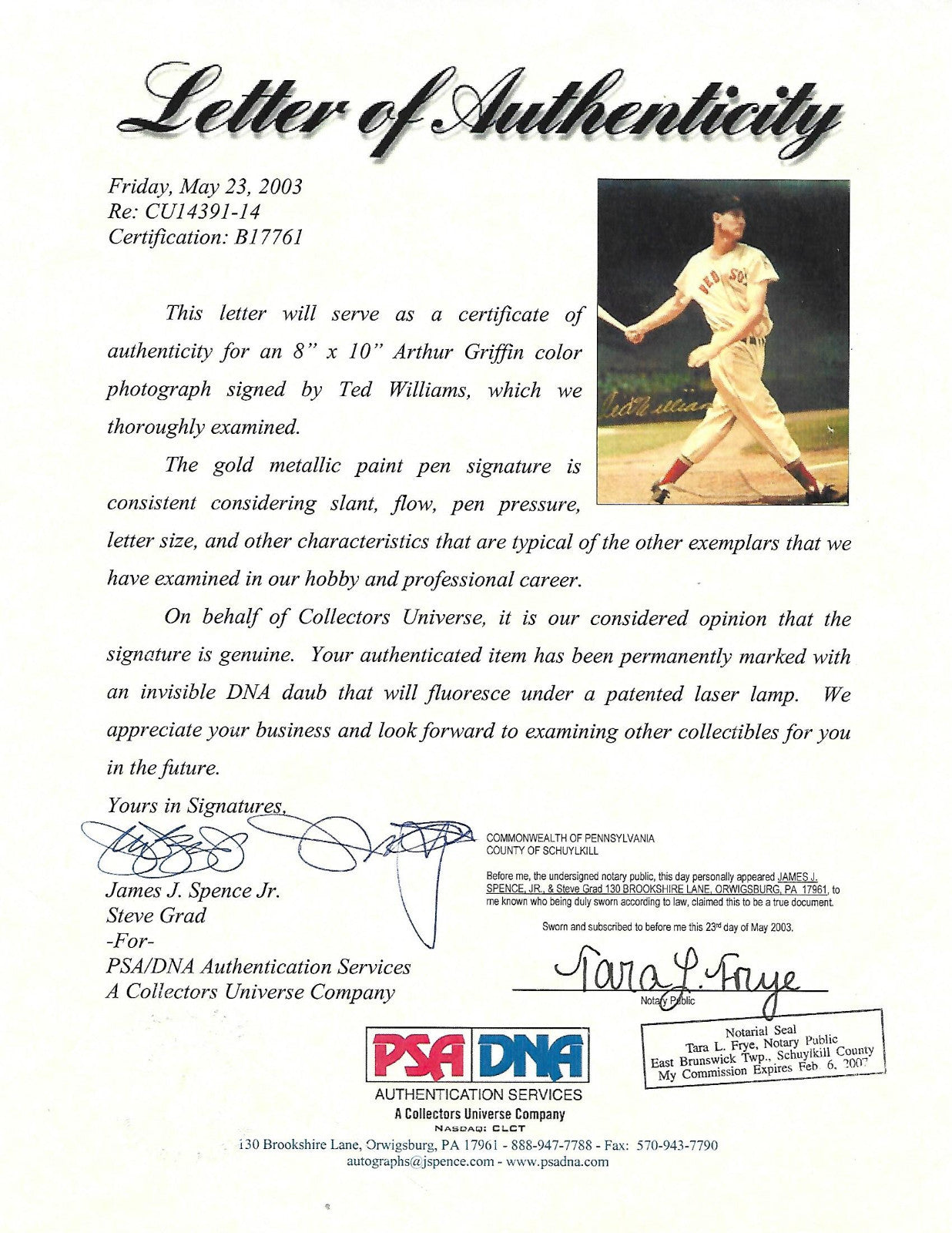 Ted Williams signed 8x10 Arthur Griffin 1939 photo Seal framed Mint auto PSA HOF