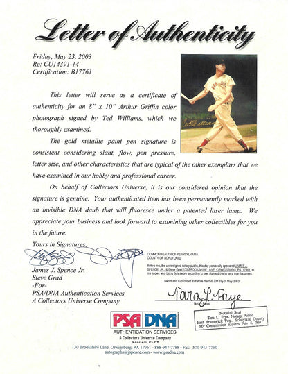 Ted Williams signed 8x10 Arthur Griffin 1939 photo Seal framed Mint auto PSA HOF