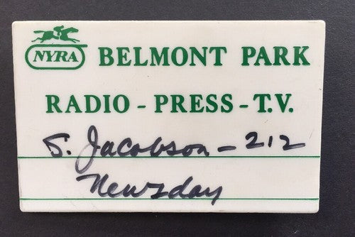 BELMONT PARK NYRA 1997  VINTAGE PIN BUTTON HORSE RACING PRESS MEDIA Newsday