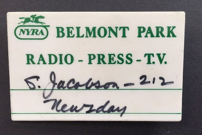 BELMONT PARK NYRA 1997  VINTAGE PIN BUTTON HORSE RACING PRESS MEDIA Newsday