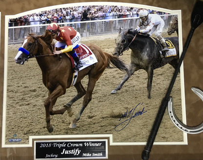 Mike Smith signed Justify triple crown photo horseshoe whip framed auto steiner