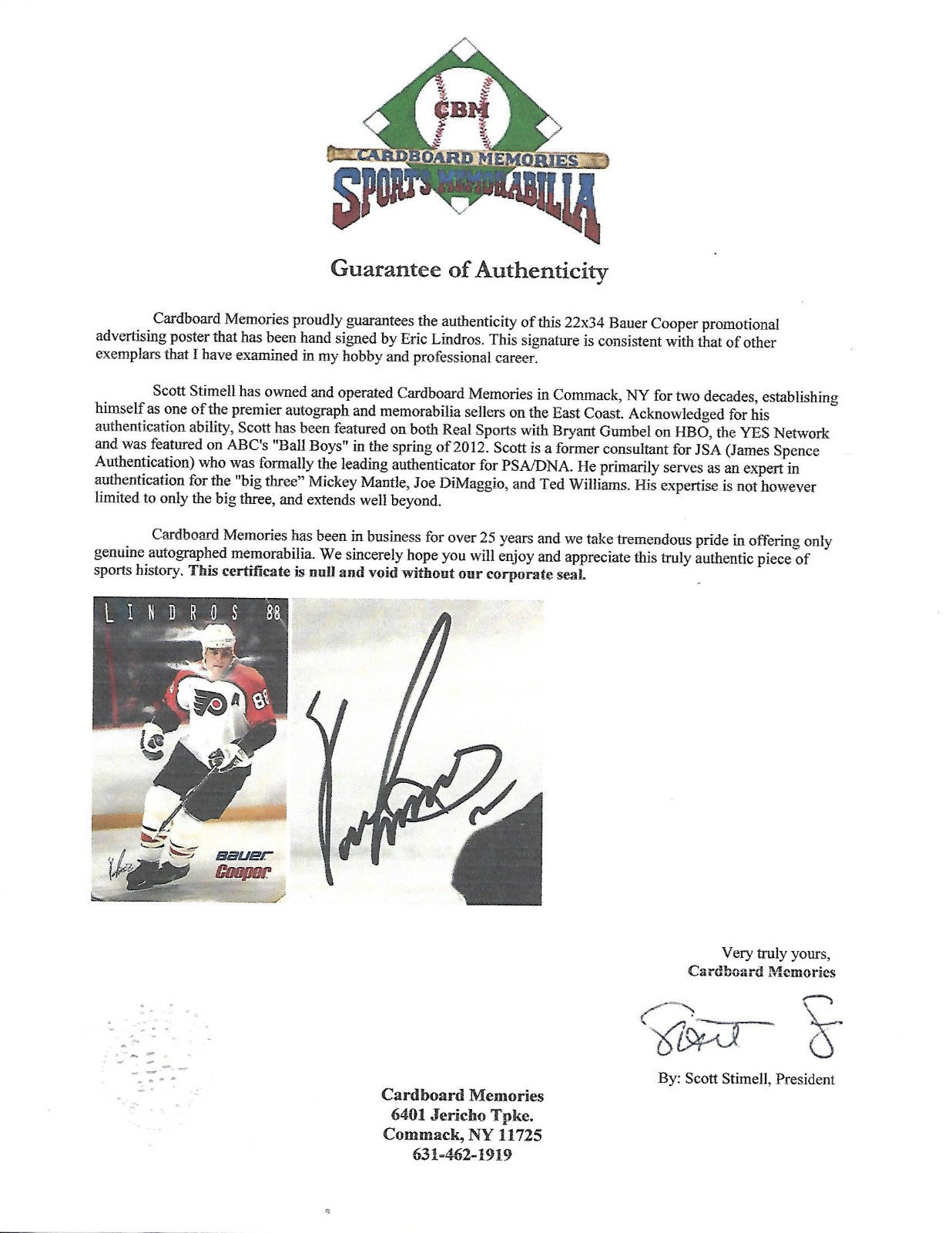 ERIC LINDROS Signed FLYERS VINTAGE ORIGINAL NHL Bauer Cooper 22x34 POSTER Coa