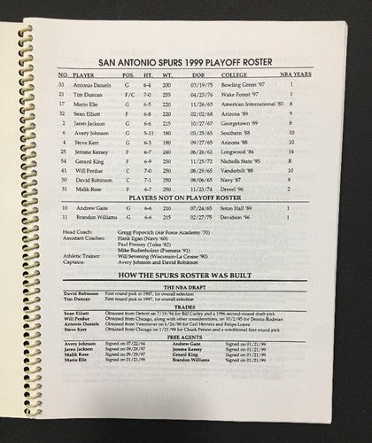 1999 San Antonio Spurs NBA Playoff media Guide Tim Duncan David Robinson champs