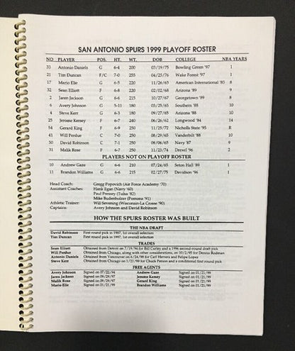 1999 San Antonio Spurs NBA Playoff media Guide Tim Duncan David Robinson champs