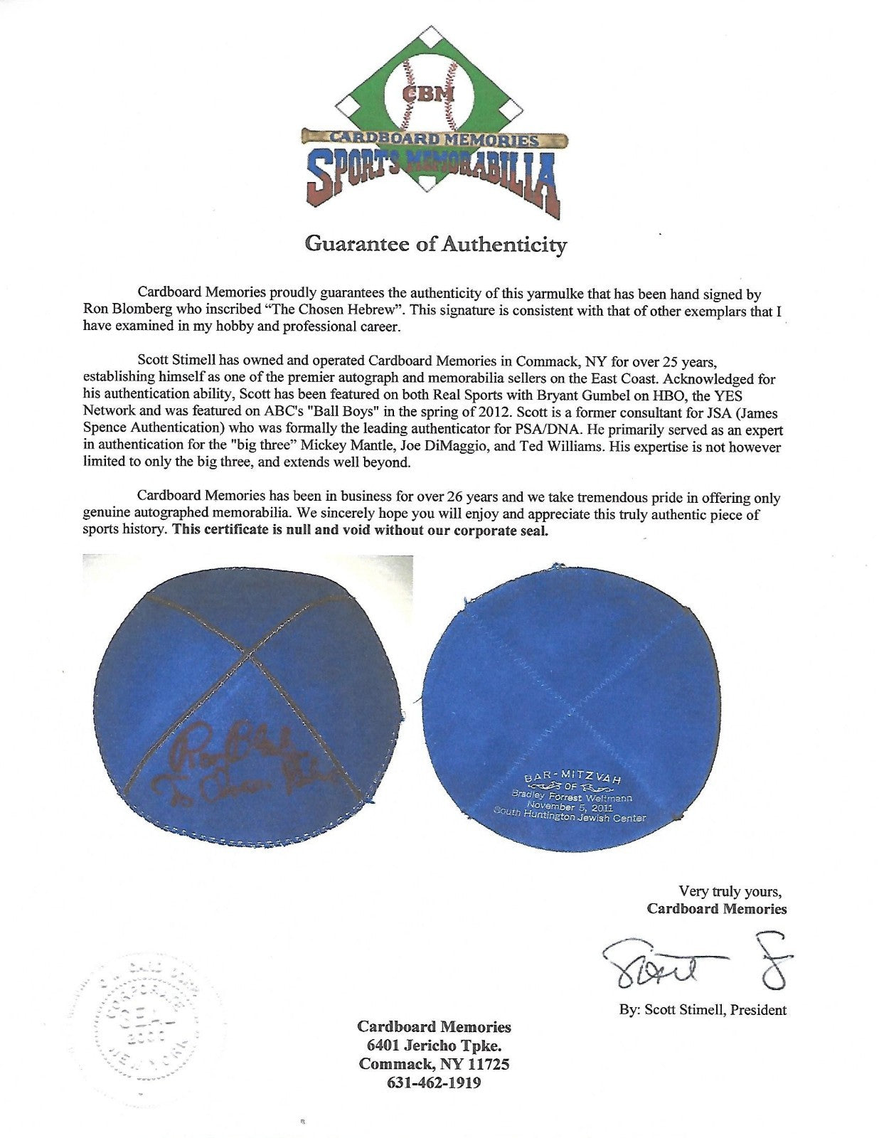 Ron Blomberg Yankees signed yarmulke ins The Chosen Hebrew auto CBM COA RARE