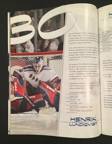NY RANGERS BROADWAY BLUE PROGRAM 2005 OPENING NIght Media Notes Lundqvist Rookie