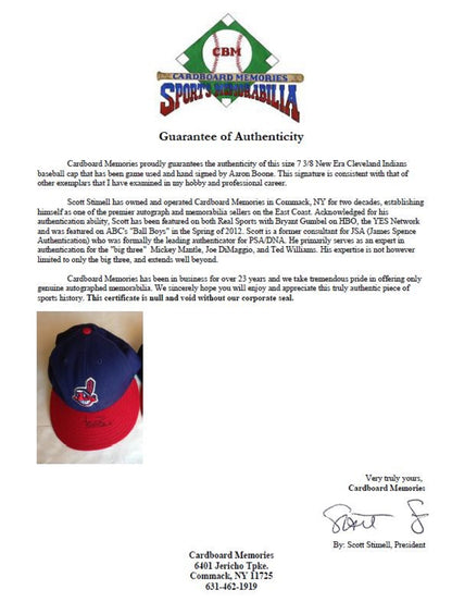 aaron boone signed game used Indians baseball hat autograph COA yankees manager