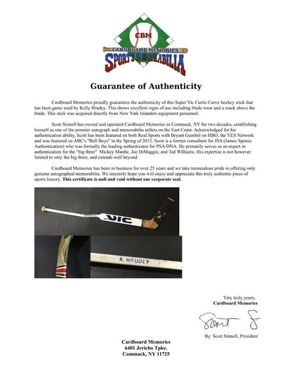 Kelly Hrudey Islanders Goalie game used Super Vic Curtis Curve hockey stick COA